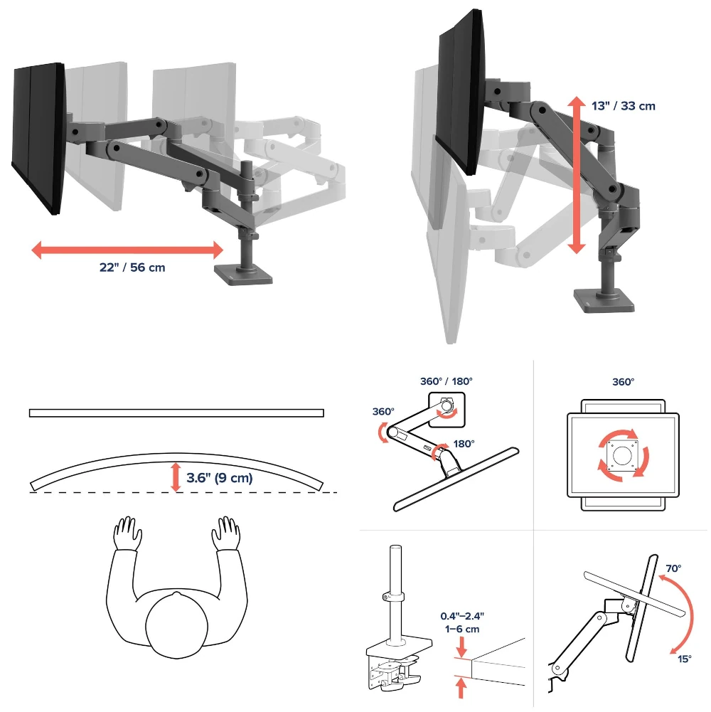 ramię do monitora, płynna regulacja, osłona kabli, wskaźnik napięcia, LX Pro Dual Stacking Arm